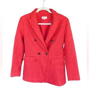 LOFT Women's Tweed Double Breasted Vibrant Coral Red Blazer